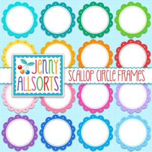 20 Digital Scallop Circle Frames in Rainbow colors - Instant Download