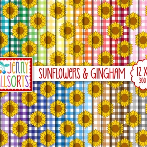 Sunflowers Digital Paper Pack 12x12 40 Color Bundle, printable sunflower gingham scrapbook paper, seamless summer floral gingham background