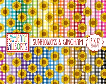 Sunflowers Digital Paper Pack 12x12 40 Color Bundle, printable sunflower gingham scrapbook paper, seamless summer floral gingham background