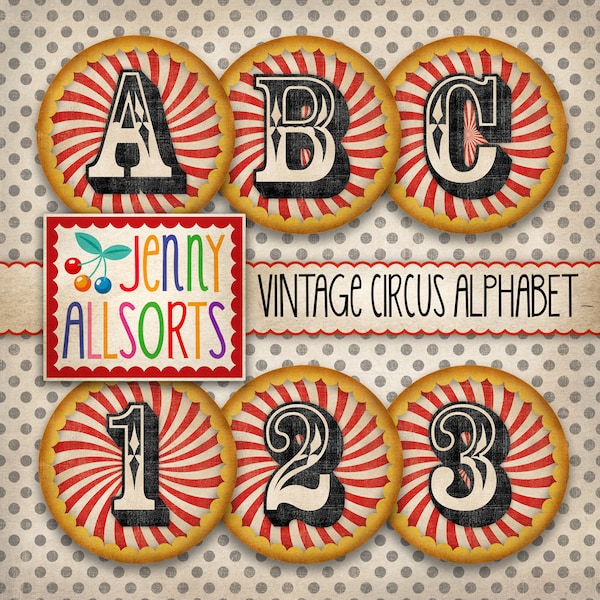 Vintage Circus Alphabet clipart - 6 inch digital circus letters, black red yellow distressed scrapbook clip art, printable letters & numbers