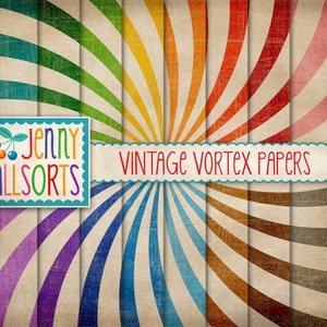 Paquete de papel digital con patrón de vórtice vintage - Diseño de textura en espiral - Fondo con patrón hipnótico - Estrellas de circo grunge imprimibles para carnaval