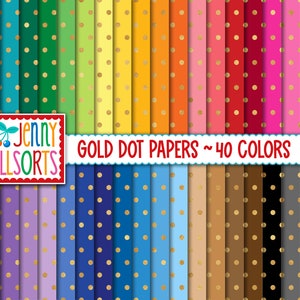 Gold Dots Digital Paper Pack - 40 kleurenbundel, instant download, afdrukbaar plakboekpapier met gouden stippen, digitale achtergronden met scatterdot