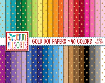 Paquete de papel digital de lunares dorados: paquete de 40 colores, descarga instantánea, papel imprimible para álbum de recortes con lunares dorados, fondos digitales con puntos dispersos
