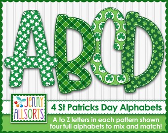 St Patrick 4-Alphabet Bundle für Sublimation & Design, grüner Klee Alpha, St Patrick's Day Scrapbook Scrapbook Clipart, irische Shamrocks