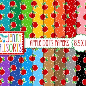Paquete de papel digital Apple Dots de 8,5 x 11: 20 colores, manzanas rojas sobre puntos, juego de papel para álbum de recortes imprimible, lindo fondo digital con puntos de manzana