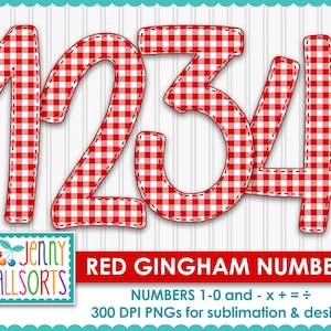 Red Gingham Digital Numbers for sublimation & design, 10&quot; digital numbers clipart, gingham scrapbook clip art, red gingham math symbols