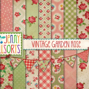 Vintage Garden Rose Digital Paper Set + Clipart - green farmhouse cottage wallpaper patterns, faded worn shabby chic rose background designs
