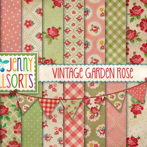 Vintage Garden Rose Digital Paper Set + Clipart - motifs de papier peint vert maison de ferme, motifs de fond rose shabby chic délavés