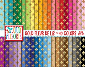 Gold Fleur de Lis Digital Papers - 40 Color Bundle, printable gold French scrapbook paper, faux metallic, golden digital backgrounds