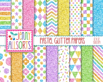 Pastel glitter digital papers, glitter pastel clipart, candy color glitter, clip art glitter paper, digital scrapbooking paper, stripes dots