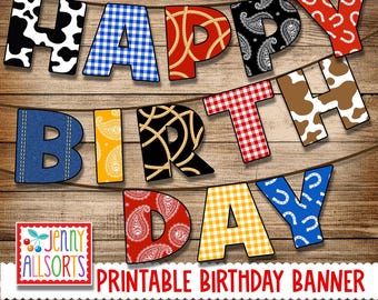Banner imprimible de cumpleaños de vaquero: letrero digital de feliz cumpleaños, decoración para fiesta del oeste, decoración para fiestas DIY, letras para tablón de anuncios de vaqueros