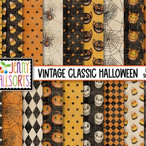 Vintage Halloween Digital Design Paper orange & black patterns, classic Halloween scrapbook paper, aged worn grunge texture skulls spiders image 2