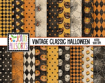Vintage Halloween Digital Design Paper - orange & black patterns, classic Halloween scrapbook paper, aged worn grunge texture skulls spiders