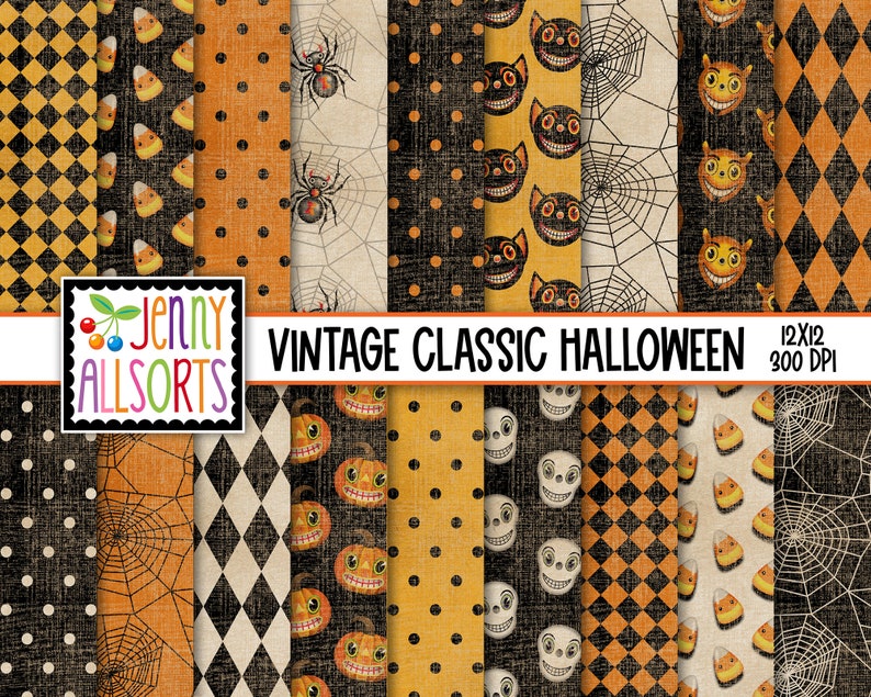 May include: A set of 12 digital papers featuring vintage Halloween designs. The papers include black and orange polka dots, black and orange diamond patterns, a spider web pattern, a candy corn pattern, and a jack-o-lantern pattern. The papers are 12x12 inches and 300 DPI.