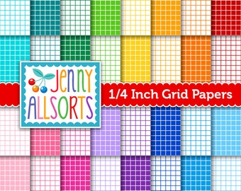 May include: A collection of colorful 1/4 inch grid papers. The papers are in various colors, including teal, green, yellow, orange, red, pink, purple, blue, and light blue. The papers have a white grid pattern. The image includes the text "Jenny Allsorts" and "1/4 Inch Grid Papers".