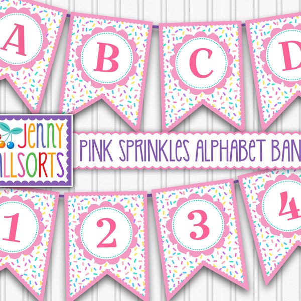 Pink Sprinkles Banner Sign Pennants - Digital Sprinkles A-Z Alphabet, sweet baby shower party decor, printable bunting, letters & numbers