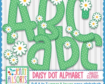 Green Daisy Dot Digital Alphabet for sublimation & design, upper + lower case digital letter clipart, scrapbook clip art, cute doodle alpha