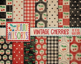 Vintage Cherries & Black Digital Scrapbooking Paper Pack - digital download, retro grunge cherry background, rockabilly cherries paper set