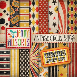 Vintage circus digitaal papier en clipart - afdrukbare vintage circuspatronen - retro circuspapier - vintage circus clipart - retro illustraties