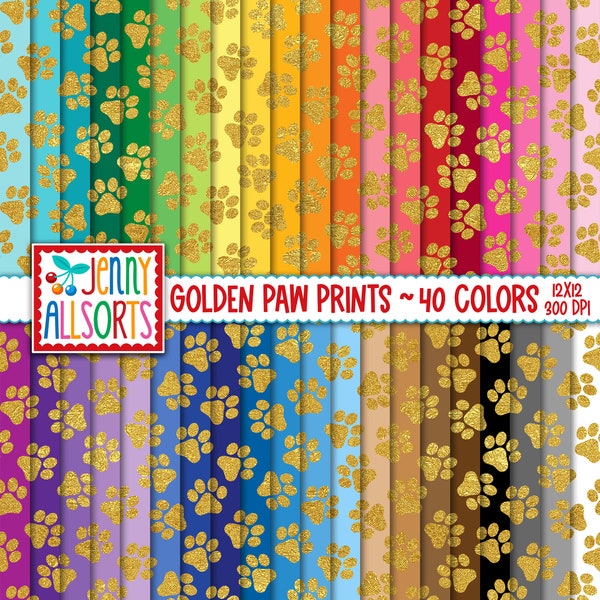 Gold Paw Print Digital Paper Pack - 40 Colors, printable puppy dog scrapbook paper, seamless animal paw print digital background graphics
