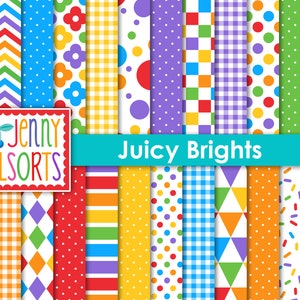 Paquete de papel digital con colores brillantes y jugosos: diseños gráficos imprimibles en rojo, naranja, amarillo, azul y verde, rayas, puntos y triángulos en colores primarios.