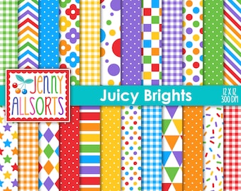 Juicy Bright Colors Digital Paper Pack - Printable graphic designs, red orange yellow blue green, stripes dots & triangles in primary colors