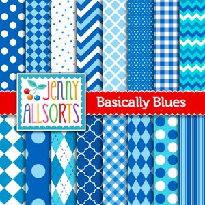 Blue and Aqua Digital Papers in mixed geometric patterns- 16 sheets of checks dots chevron argyle, for digital graphic design backgrounds