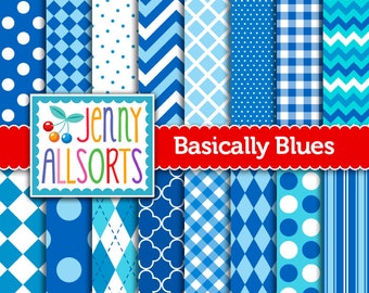 Blue and Aqua Digital Papers in mixed geometric patterns- 16 sheets of checks dots chevron argyle, for digital graphic design backgrounds