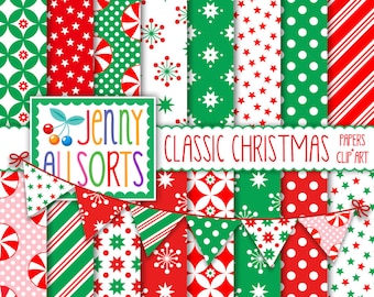 Classic Christmas Digital Scrapbook Paper +matching bunting clipart, Red and Green patterns, for holiday card making, digital scrapbooking