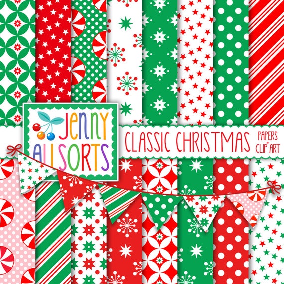 Classic Christmas Digital Scrapbook Paper matching Bunting Clipart, Red and  Green Patterns, for Holiday Card Making, Digital Scrapbooking 