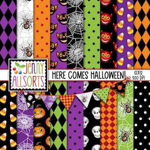 Digitaal Halloween-papier + Halloween-slingers clipart - afdrukbare retro Halloween-patronen - retro Halloween-papier - vintage Halloween-papier