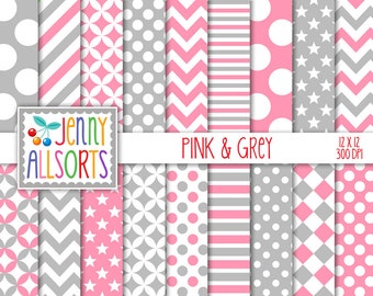 Sweet Pink & Grey Digital Paper, Baby Pink Digital Paper, Simple Digital Paper, Stripes Digital Paper Instant Download Clipart Illustration