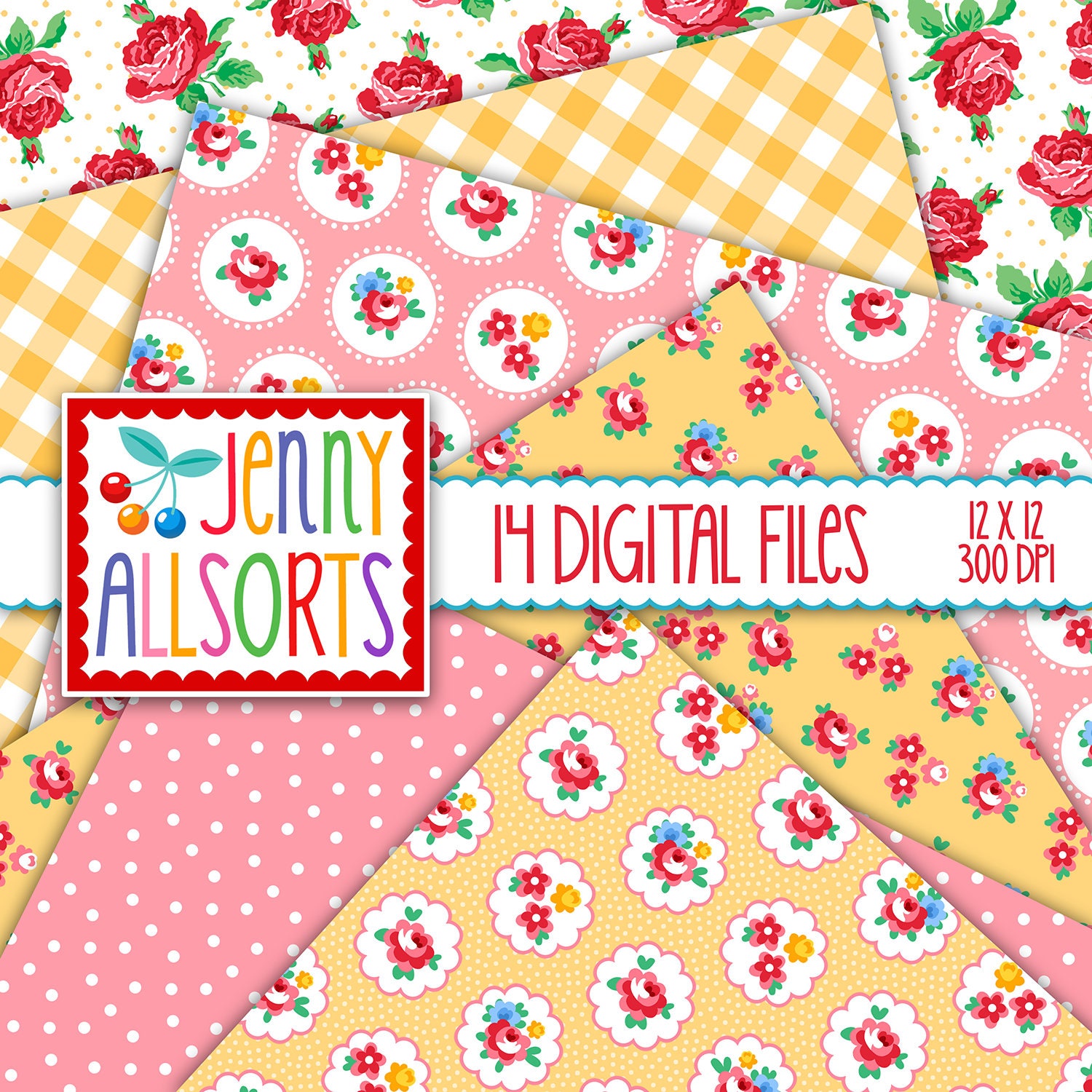 Shabby Chic Digital Paper Audrey Rose - Yellow Pink Red & Green ...