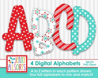 Retro Christmas Alphabet bundle for sublimation & design, red and aqua digital letters, cute Xmas Holiday doodle letters, digital background