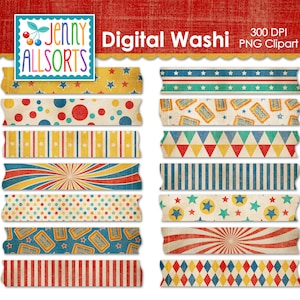 Vintage circus-washi-tape digitale illustraties, grafische download, clipart digitale washi-tape plakboek, washi-carnaval, shabby circus-washi-tape