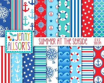 Nautical Digital Paper Pack - digital background, Summer Seaside vacation, nautical scrapbook paper, life ring, anchors waves & compass rose