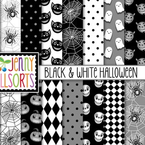Zwart-wit Halloween digitaal papier - grafisch ontwerp Gothic Halloween-patronen, schedels duivels katten spoken en spinnen, digitale achtergronden