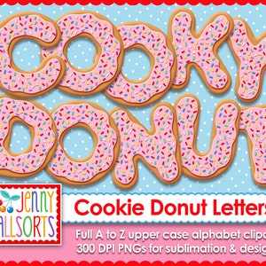 Pink Cookie Donut Alphabet for sublimation & design, digital sprinkles donut cookie letters, sweet baking scrapbook clipart illustrations