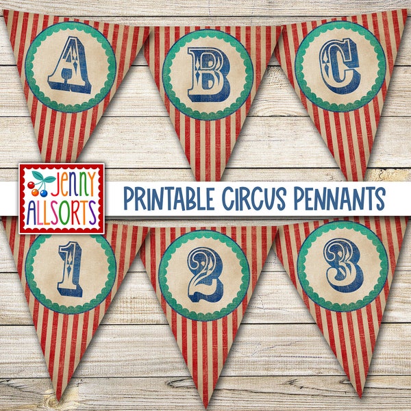 Printable Vintage Circus Pennants - Letters & Numbers - Digital Circus Alphabet, Vintage Circus Party Decor, Vintage Carnival Bunting Flags