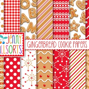 Gingerbread Digital Papers - Gingerbread Cookies printable Christmas paper pack, red & tan, digital scrapbook page kit, digital backgrounds
