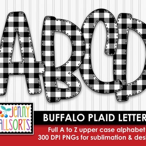 Alfabeto de cuadros escoceses de búfalo para sublimación y diseño, clipart digital de cuadros escoceses de búfalo, clip art de álbum de recortes de cabaña boscosa en blanco y negro, letras garabateadas