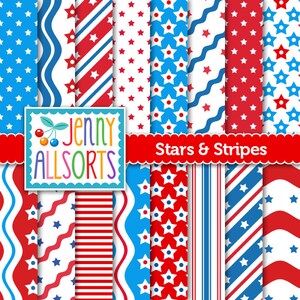 Patriotic Digital Scrapbook Paper - Red White Blue Stars & Stripes graphic designs, America Independence Day background, 4th Fourth of July