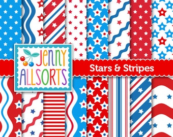 Patriotyczny cyfrowy papier do scrapbookingu - czerwony, biały, niebieski, gwiazdy i paski, tło z okazji Dnia Niepodległości Ameryki, 4 lipca