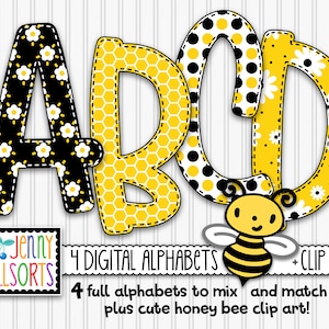 Honey Bee 4-Alphabet bundle for sublimation & design, cute bee theme alpha, digital bee clip art, bee scrapbook doodle letters, bee clipart