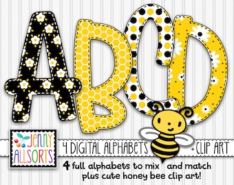 Honey Bee 4-Alphabet bundle for sublimation & design, cute bee theme alpha, digital bee clip art, bee scrapbook doodle letters, bee clipart