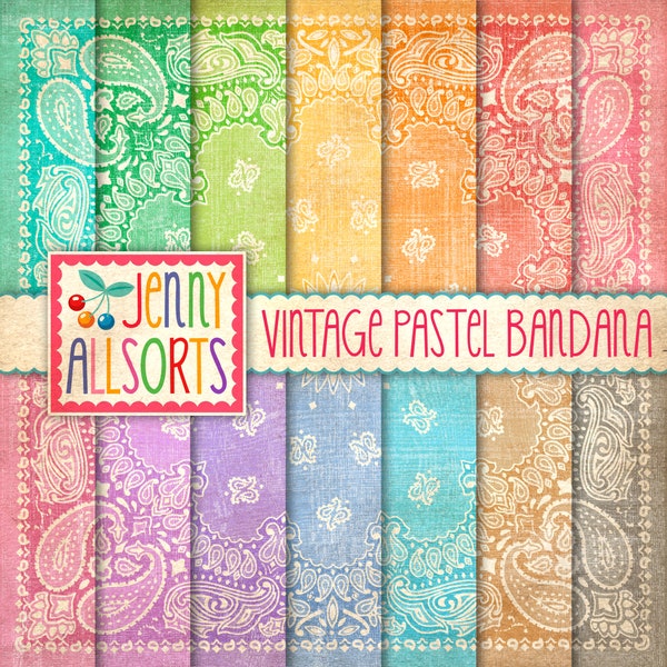 Papiers de conception numérique bandana pastel vintage - Texture bandana délavée 14 couleurs, fond de cowboy vintage, papier de scrapbooking bandana cachemire