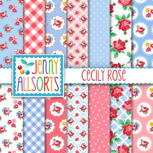 Shabby Chic Digital Paper Cecily Rose Pink and Baby Blue for invites, card making, digital scrapbooking image 1