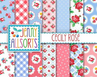 Shabby Chic Digital Paper Cecily Rose - Pink and Baby Blue - for invites, card making, digital scrapbooking