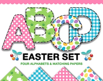 Easter Combo Set - Four Digital Alphabets + Matching Papers for Sublimation & Design, bunnies dots eggs gingham backgrounds, clipart letters