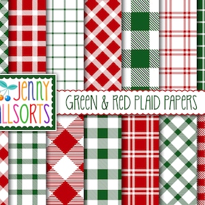 Green & Red Digital Plaids Scrapbook Papers SET 2 - Buffalo checks, gingham digital tartan papers, woodsy country Christmas cabin background
